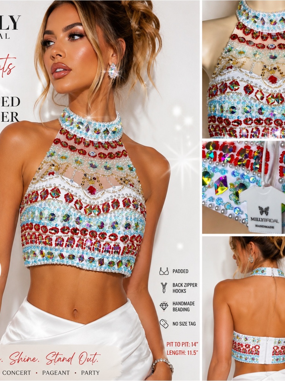 MILLY BRIDAL Accents Beaded Halter Top White Red Blue NWT